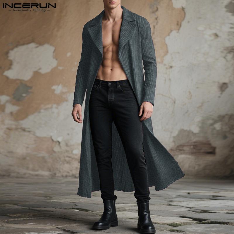 INCERUN Autumn Men Long Sleeve Striped Open Front Long Cardigan Coats Windbreaker