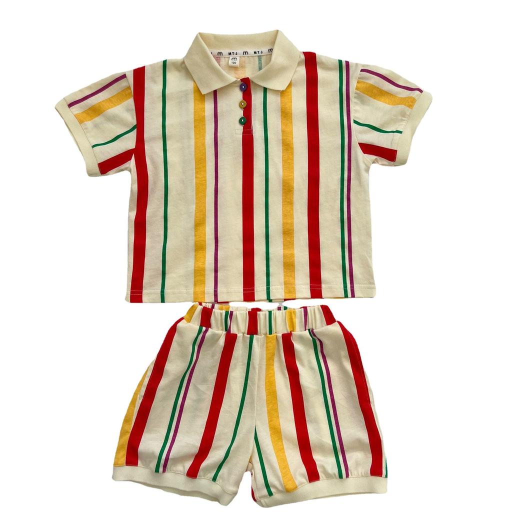 Koreaanse Broer/Zus Gestreept Gebreid Setje: Polo Jurk voor Meisjes & Korte Broek Set voor Jongens