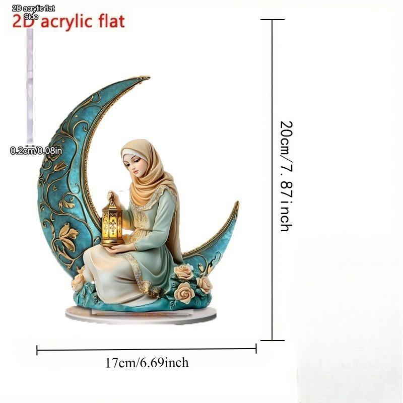 2D Flat, Moon Crescent Woman Holding A Lantern Desktop Decoration, with Base, Suitable for wall decoration, porch, room, villa, accents Home, Hallway,