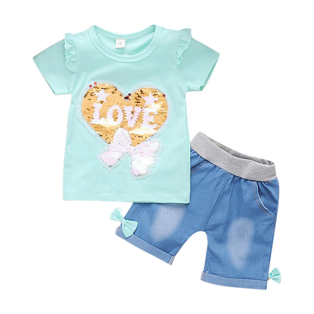 Sagit Toddler Baby Girls Ruffle Paillette Love Bow Printed Tops +Denim Shorts Outfit