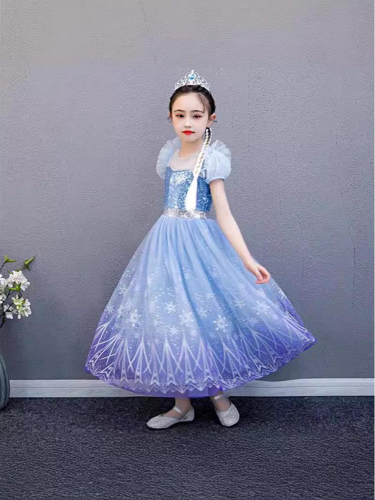 Girls' Frozen Elsa Princess Light-Up Dress with Puff Sleeves and Detachable Floor-Length Veil