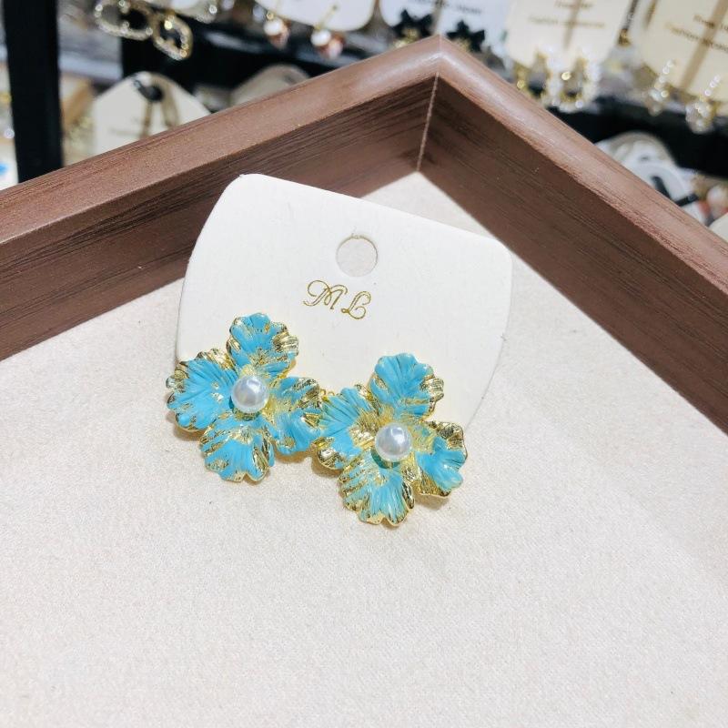 Vintage Enamel Four Le Flower Frewater Genuine Pearl Stud Earrings Needle Retro Court Sle Jewelry
