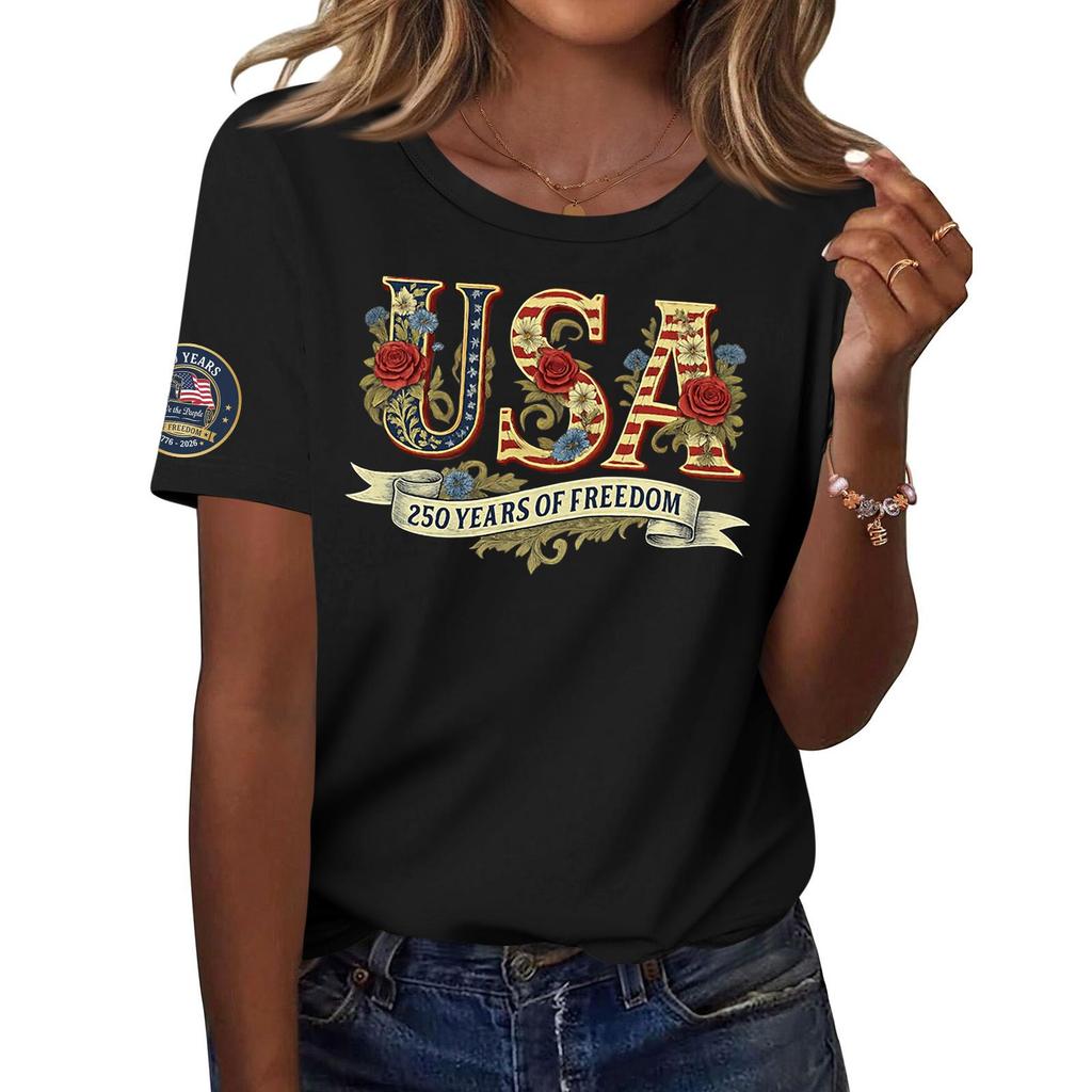 Women’s Short Sleeve Crew Neck T Shirt USA 250 Years of Floral Letter Print Casual Loose Fit Top for Everyday Wear