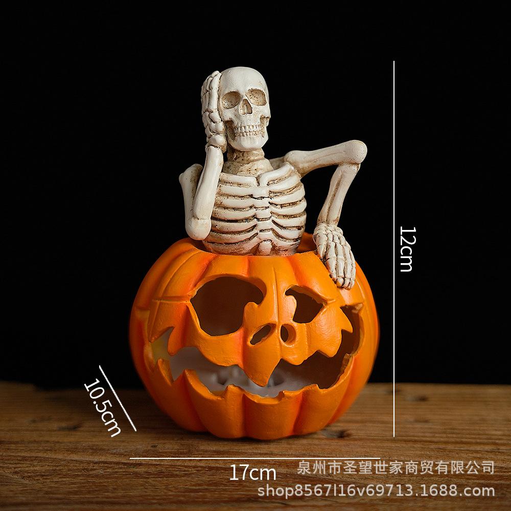 Resin Handicrafts Cartoon Halloween Skull Statue Skeleton Sculpture Hollowed-out Pumpkin Home Decoration Accessories