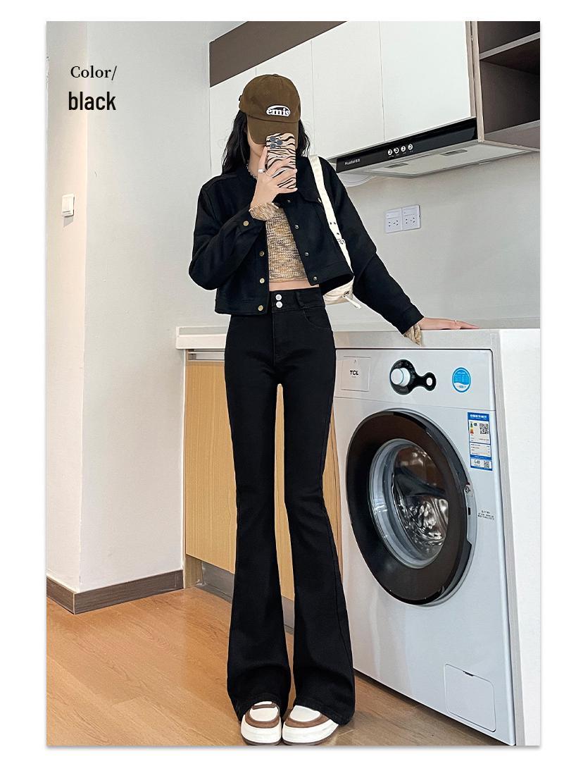 Women s 2024 Autumn Fluffy Flared High Waist Slimming Double Button Denim Pants - Black/Gray XL