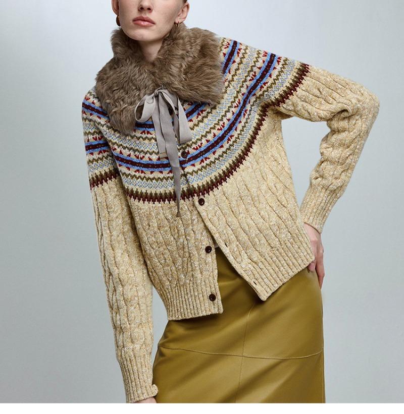 Vintage Wool-Cotton Cable Knit Cardigan – Mélange Fancy Yarn Winter Sweater, Round Neck, Long Sleeve