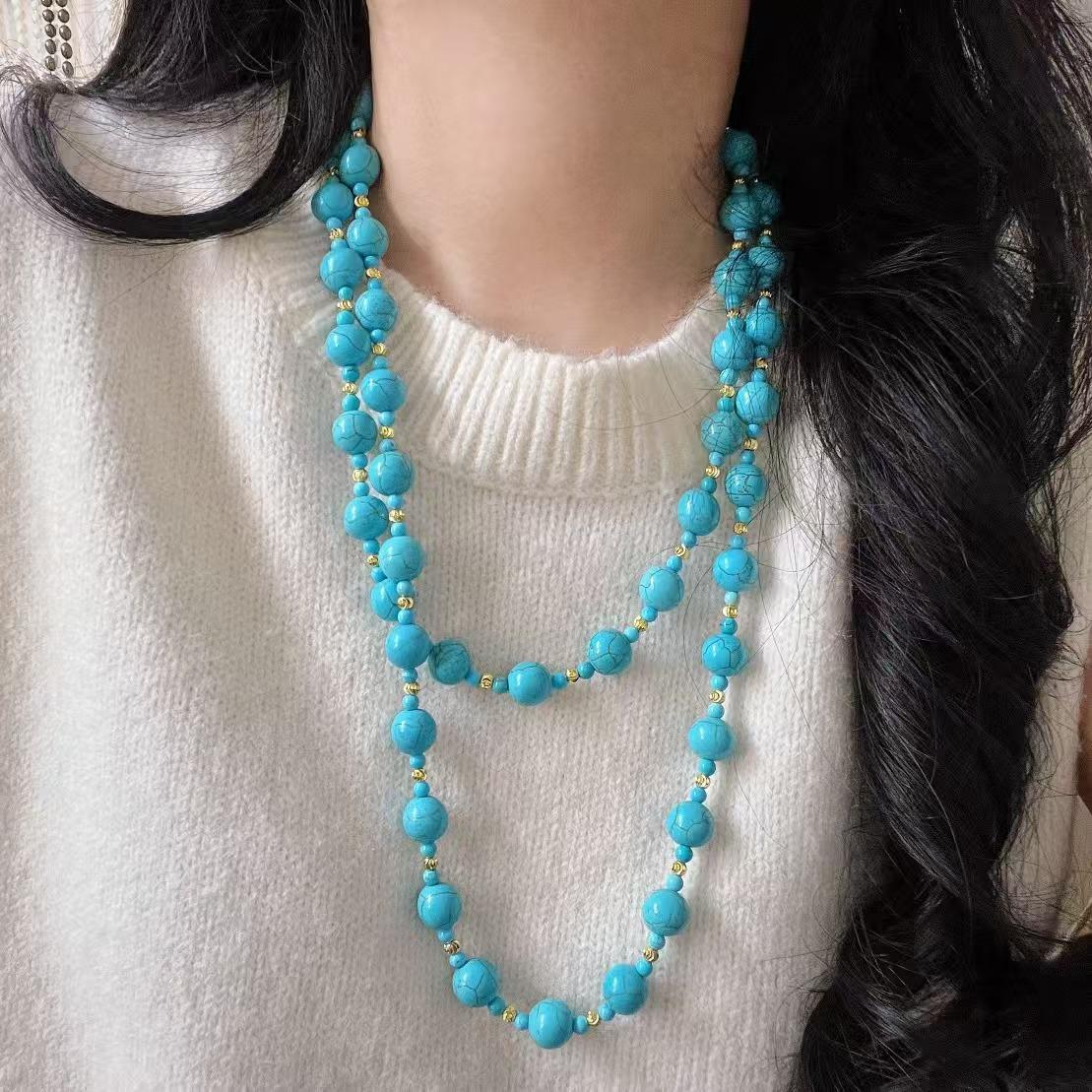 Vintage High Quality Atmosphere Artificial Turquoise Design Collarbone Chain Necklace Sweater Chain