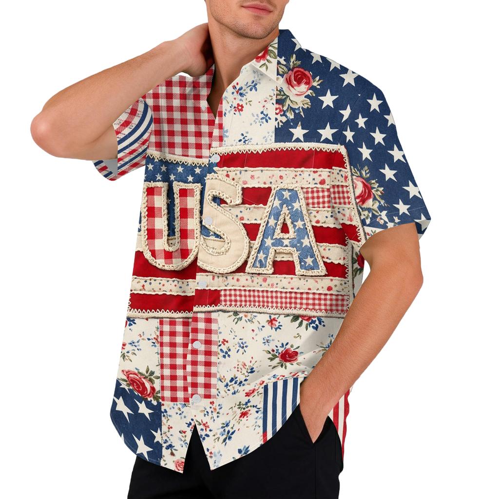 Men's Casual Printed Short Sleeve Open Front Cardigan, Independence Day Festival Tops