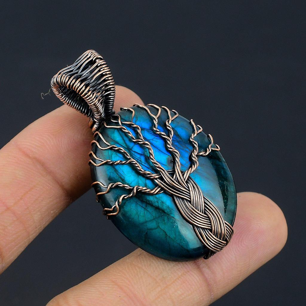 Tree Of Life Blue Flash Labradorite Handmade Pendant, Natural Gemstone Jewelry, 999 Copper Wire Wrapped Pendant Jewelry, For Gift