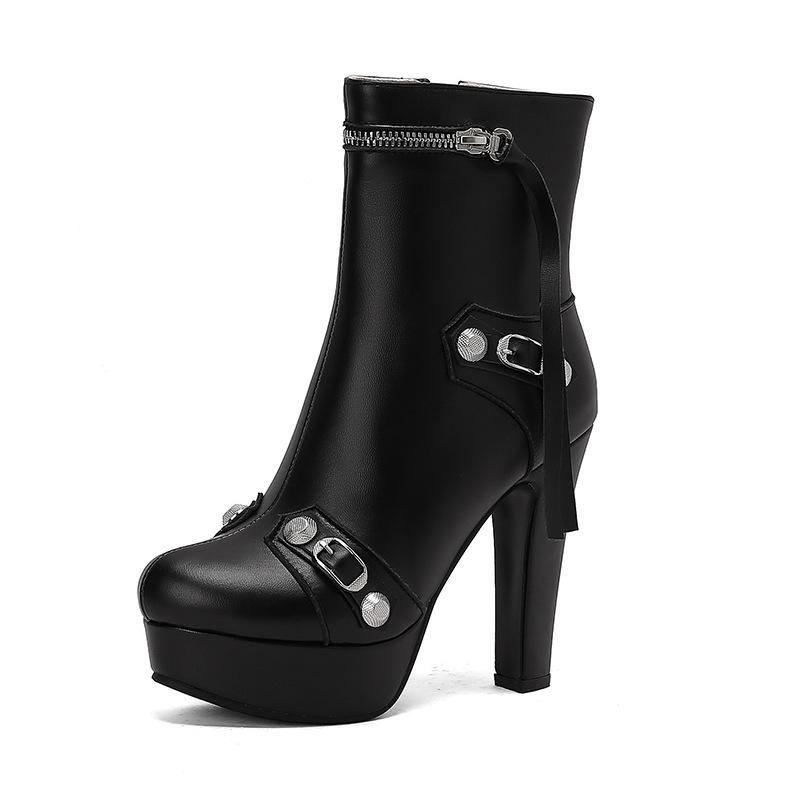 

Новые женские ботильоны большого размера, осенне-зимние, на платформе, с толстым каблуком, модные, на молнии, женские туфли на высоком каблуке для вечеринки и свадьбы 37 чёрный