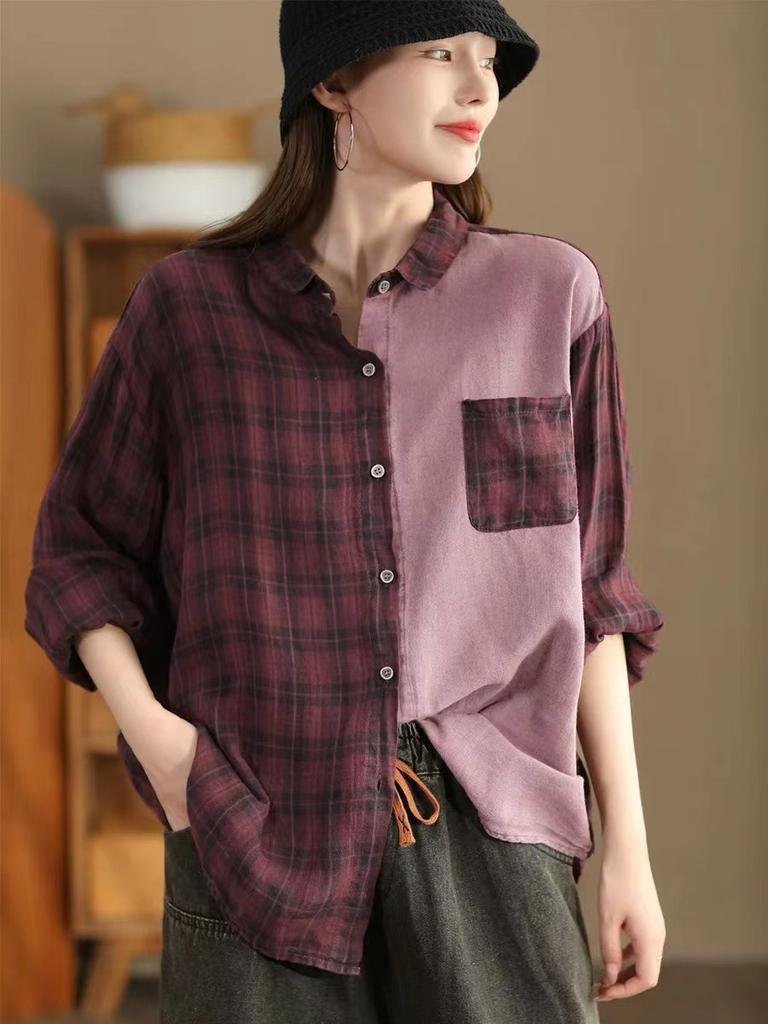 Johnature Woman Autumn Vintage Check Urn Down Collar Shirt Matching Single Breasted Long Sleeves Shirt