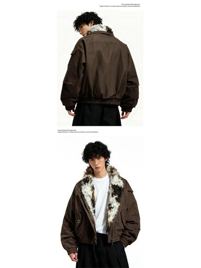 OREETA Retro Merade Unisex Cow Print Plush Lapel Short Casual Jacket