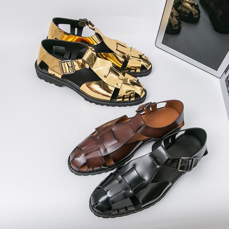Golden High-quality Design Men Hollow Breathable Handmade Non Slip Casual Sandals Comfortable Pointed Large Size Shoes
