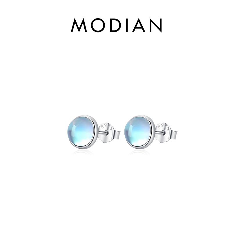 MODIAN 925 Sterling Silver Round Exquisite Moonstone 4 5 6 MM Stud Earrings Platinum Plated Charm Ear Studs For Women Jewelry