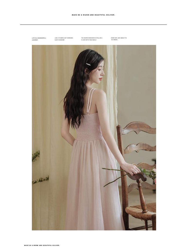 Women's Pink Fairy Mori-Style Sleeveless Long Camisole Dress for Summer Beach Vacation