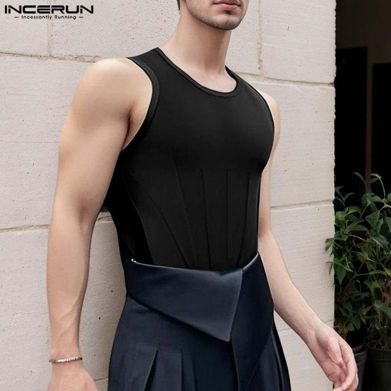 INCERUN Summer Men Round Neck Sleeveless Slim Waist Casual Tank Tops