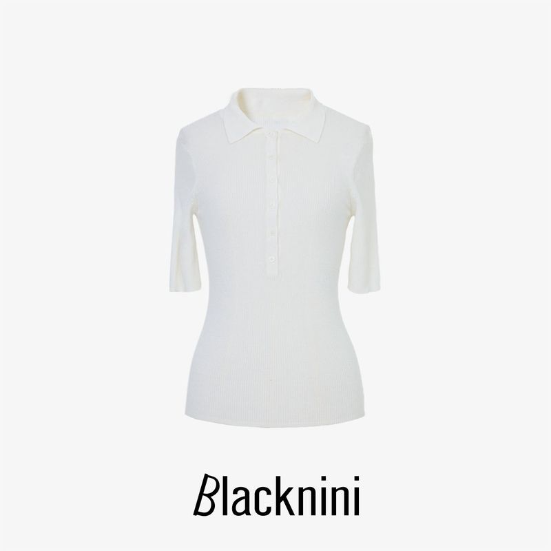 

Blacknini Yin Huafu/ Luxury Base Silk Wool Cloud Touch Polo Collar Short Sleeve Knitting Tops White M