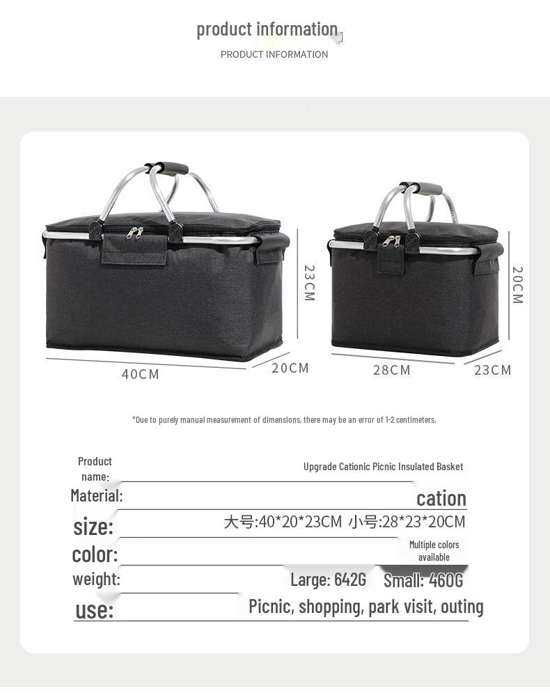Isolierter Picknickkorb mit großem Fassungsvermögen, Aluminiumgestell und Folienauskleidung