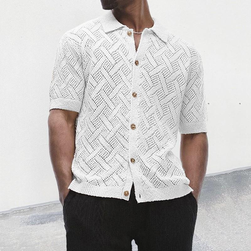 Mens Short Sleeve Polo Neck Knit Cardigan Hollow Out Slim Fit Young Adults