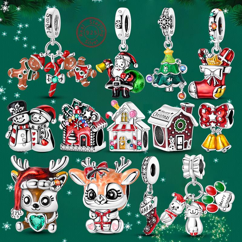 New Christmas Charms Beads Pendent 925 Silver Gingerbread Man Elk Santa Claus Charm Fit Original Bracelet Jewelry Gift