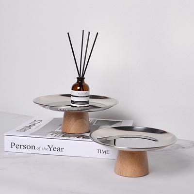 Metal Circular Solid Wood Base Tray, Living Room Entrance Small Items, Desktop Storage Tray, Storage Tray