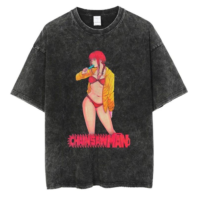 Nouveau T-shirt de haute qualité Chainsaw Man Anime pour hommes et femmes en coton avec impression lavée vintage Streetwear Rétro Hauts de Sport Fitness