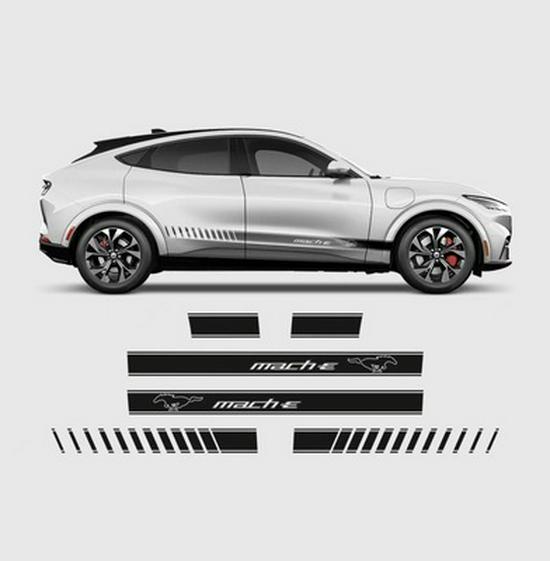 Полная оклейка кузова Ford Mustang Mach-E, гоночные наклейки и наклейки на боковые юбки