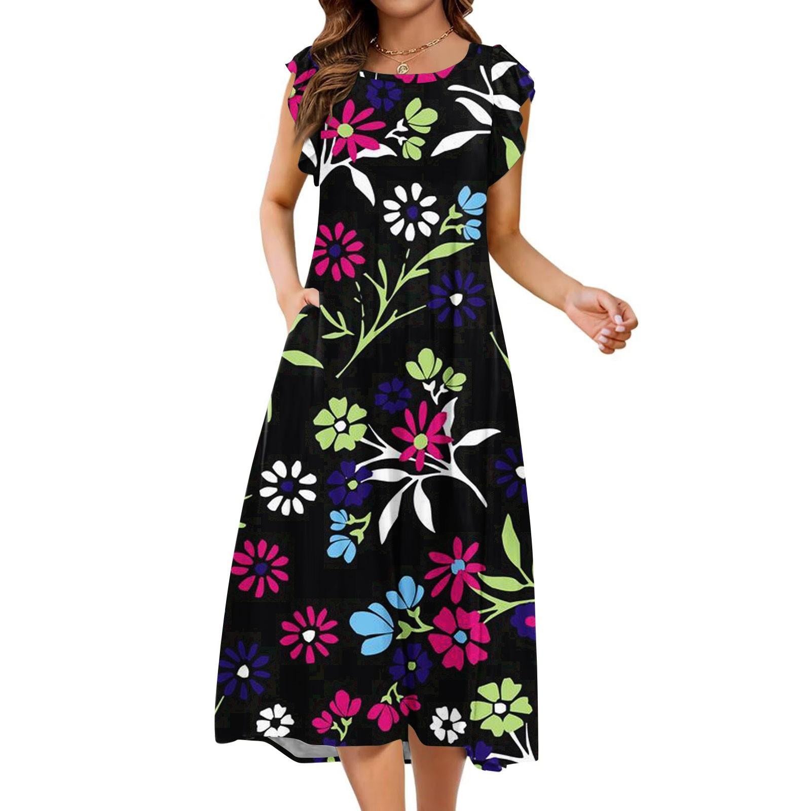 

Жіноча сукня міні з коротким рукавом-кльош, вільна, повсякденна, з круглим вирізом L чорний