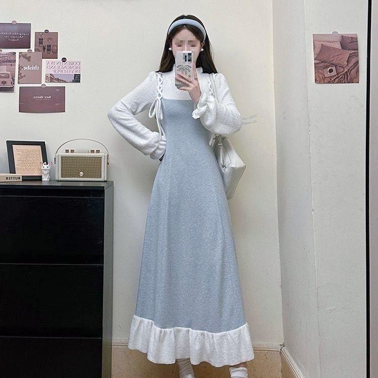 Strickkleid im Vintage-Stil mit Schleife und Zierelementen für lässige Frühlings- und Herbstkleidung