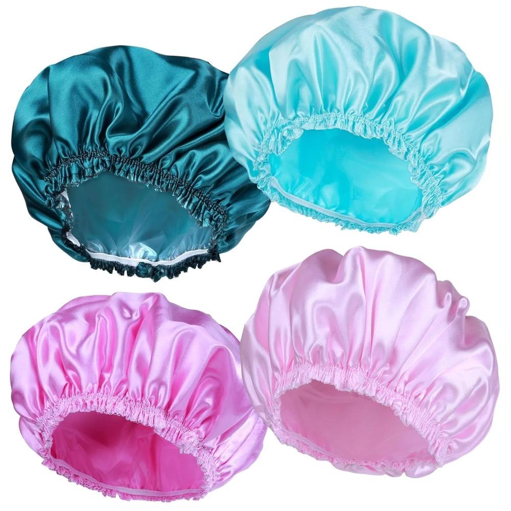 4 Pcs Shower Caps for Women, Elastic and Reusable Solid color Bath Caps, Double Waterproof Layers Shower Cap, Bathing Shower Caps