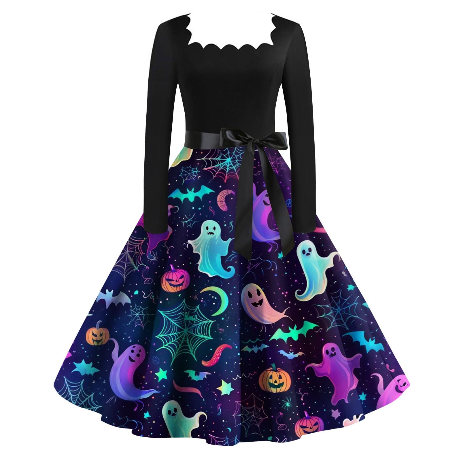 

Женское модное ретро вечернее платье с длинным рукавом и квадратным вырезом с принтом на Хэллоуин S