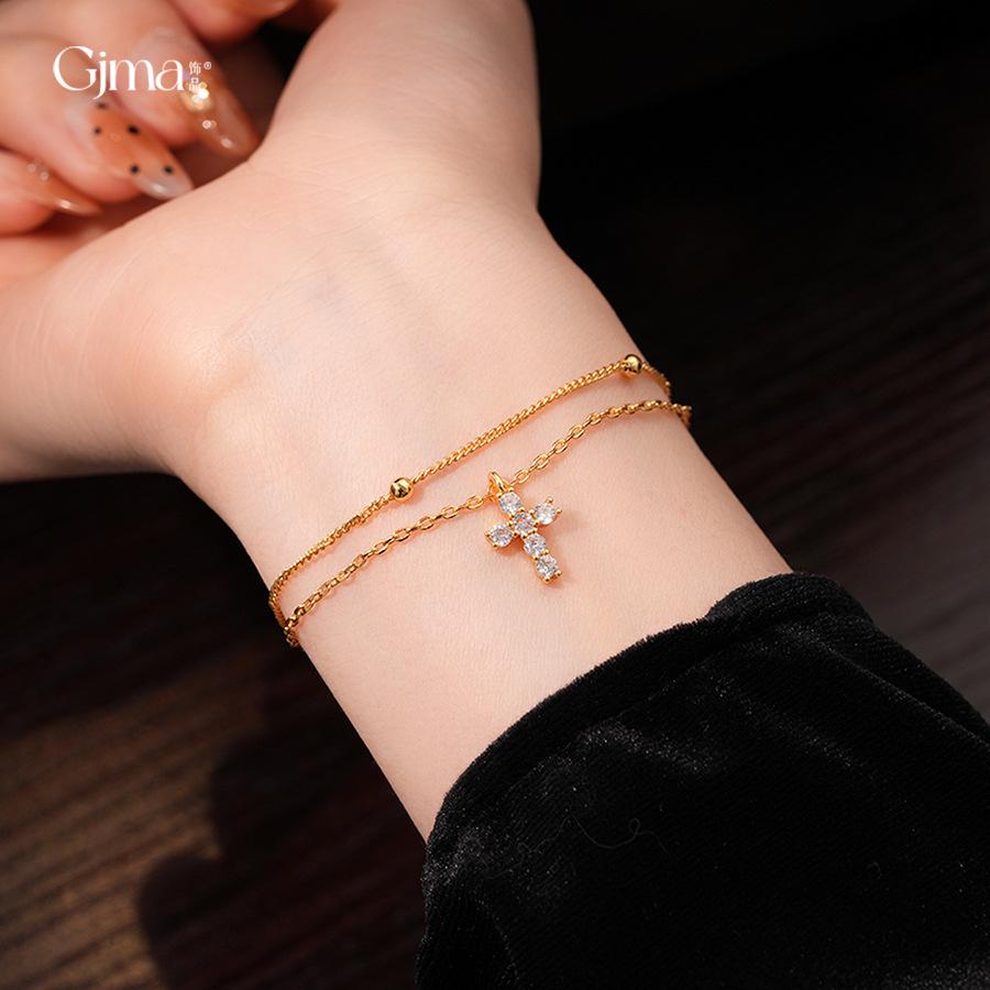 French simple double-layer zircon cross pendant bracelet light luxury bracelet exquisite versatile jewelry
