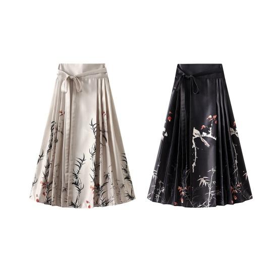 Dámská maxi sukně v čínském stylu Vintage sukně s vysokým pasem Elegantní květinový potisk ptáků Hanfu sukně skládaná šněrovací sukně s koňským obličejem