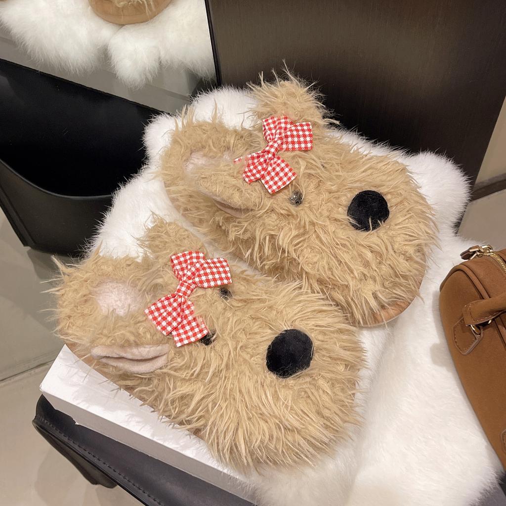 Weiche, niedliche Hausschuhe mit Schleife und Welpenmotiv, warm, rutschfest und flauschig, Damenmodell für Herbst und Winter, flacher Baumwollmopp