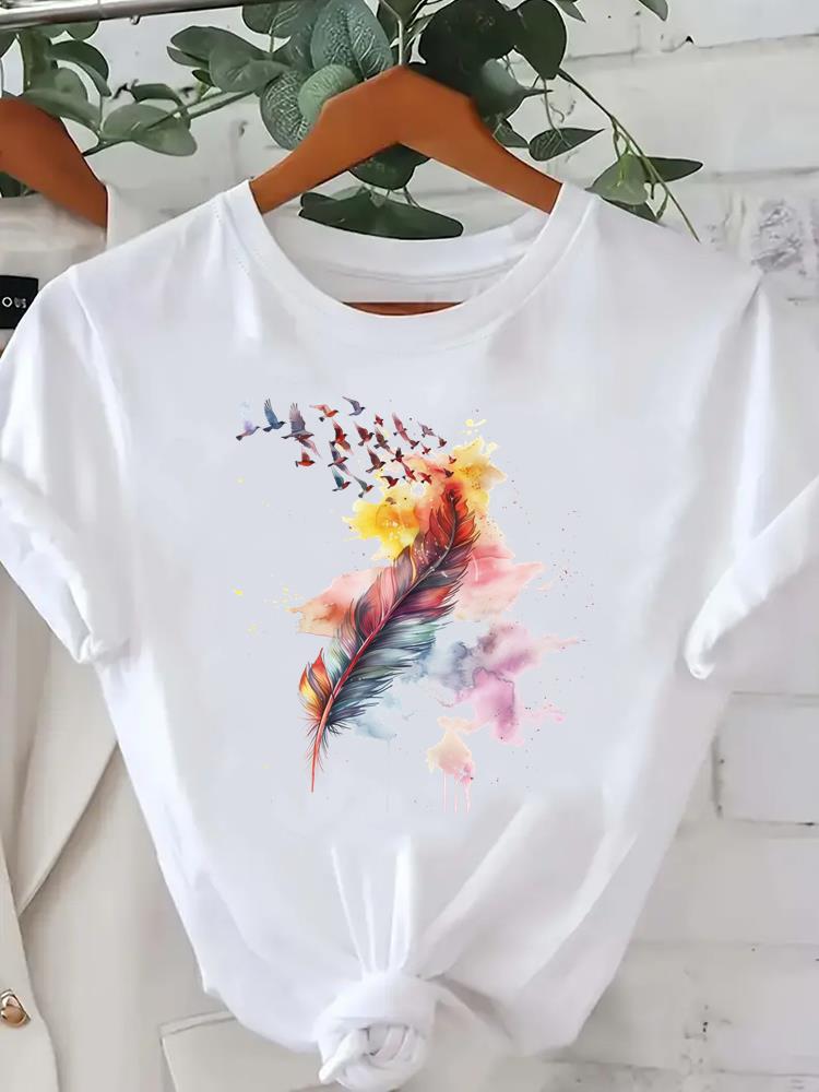 (Asian Size) Women Tee Fashion Lady Clothing Love Heart Feather  Casual T Shirt Female Top Printed Graphic Short Sleeve T-shirts