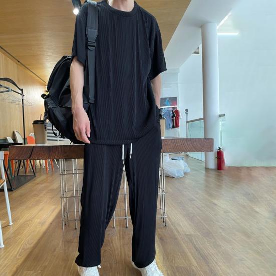 1 Set Top Pants Solid Color Loose Summer Crew Neck Draping Outfit