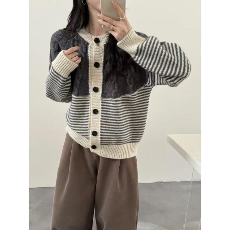 Vintage striped knitted cardigan women's clothing autumn and winter new round neck loose casual lazy wind sweater jacket women