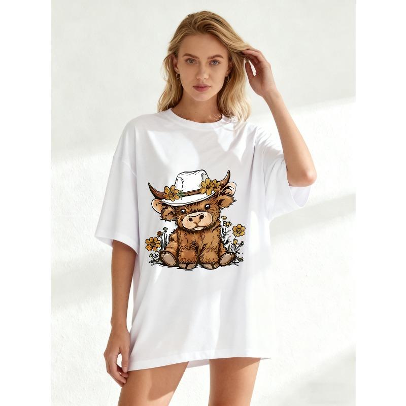 Oversized T Shirt Black Cute Bull Wearing Cowboy Hat With Flowers Print Casual Summer Outfit For Women