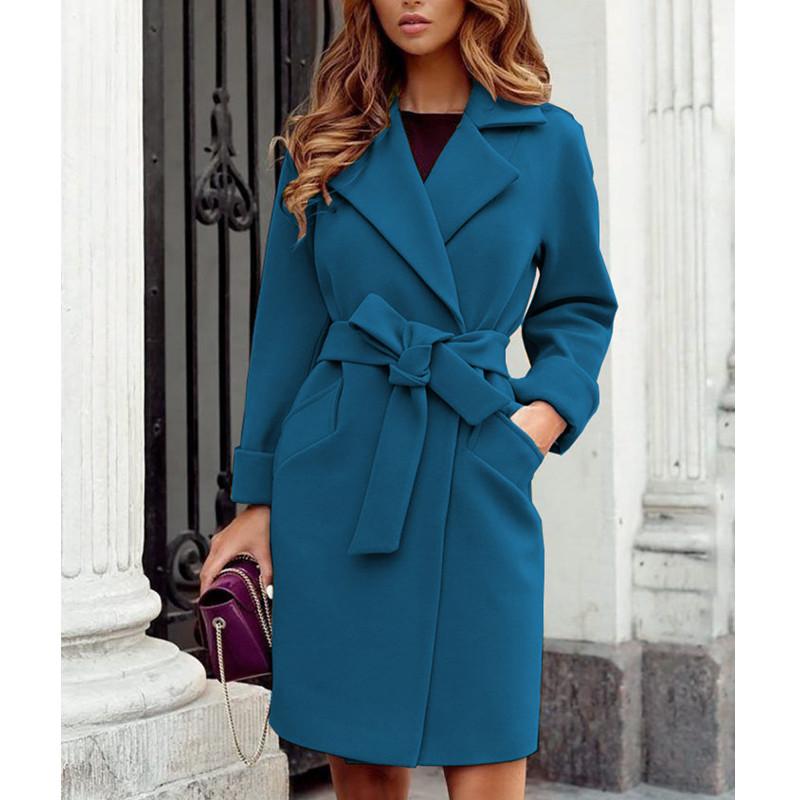 

Осеннее и зимнее модное шерстяное пальто с тонким поясом и лацканами, повседневная куртка S