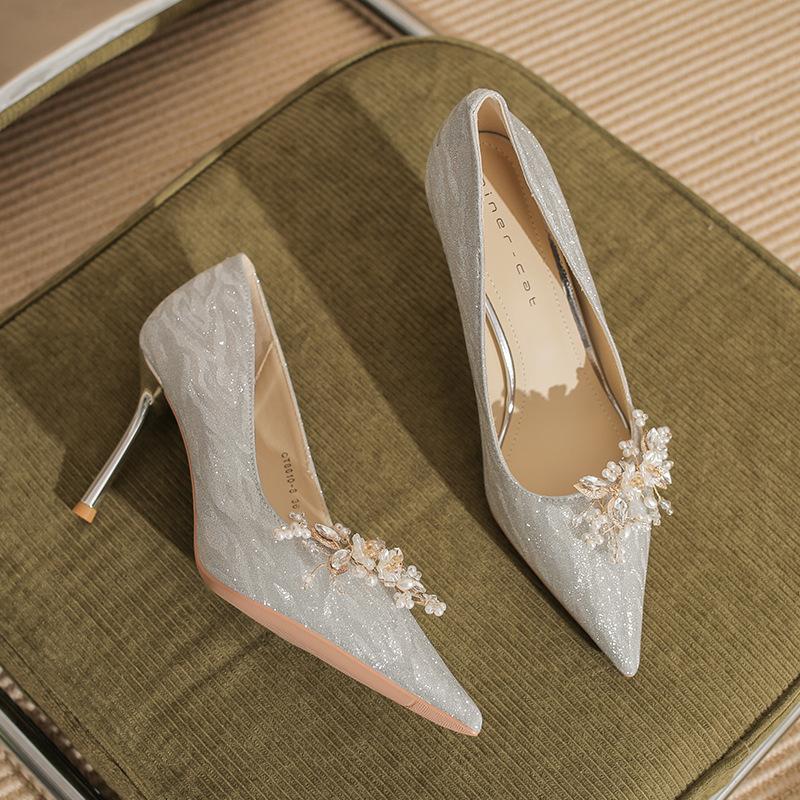 860-6 High Heels Women's Stiletto 2025 New Crystal Bridal Wedding Shoes Pointed Wedding Dress Xiuhe Shallow Mouth Single Shoes