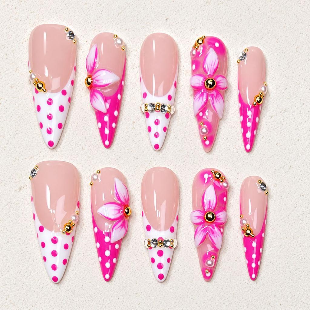 10Pcs Long Stiletto Colorful Flowers Rhinestone Summer Fresh Fake Nails for Spice Girl Sweet Cool Summer Wearable Acrylic Nails