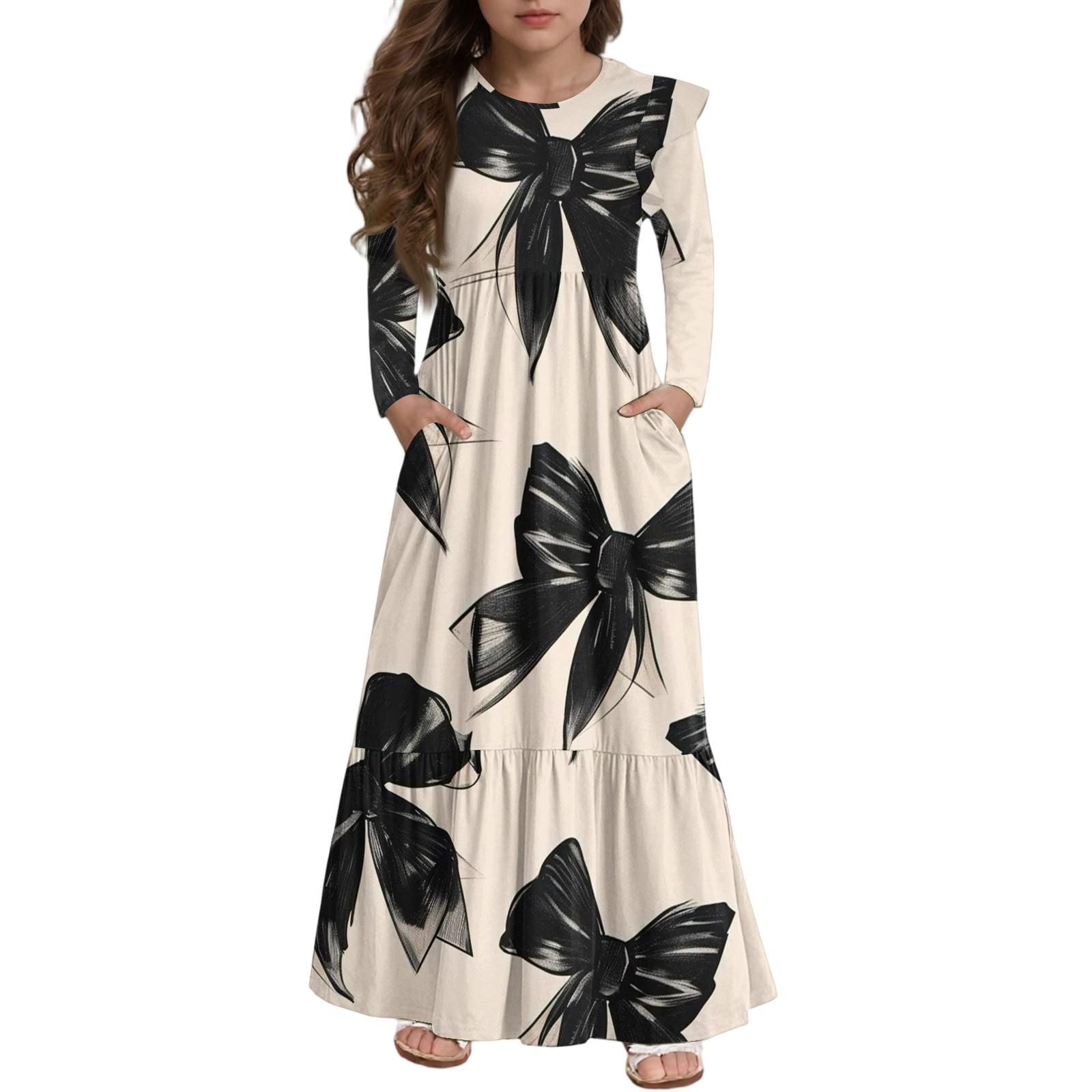 

Girls Tiered Ruffle Dress - Long Sleeve Printed Maxi With Pockets 110 бежевий