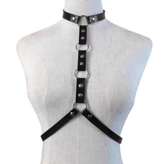 Adjustable Faux Leather Halterneck Choker Ring Waist Belt Body Chain Harness