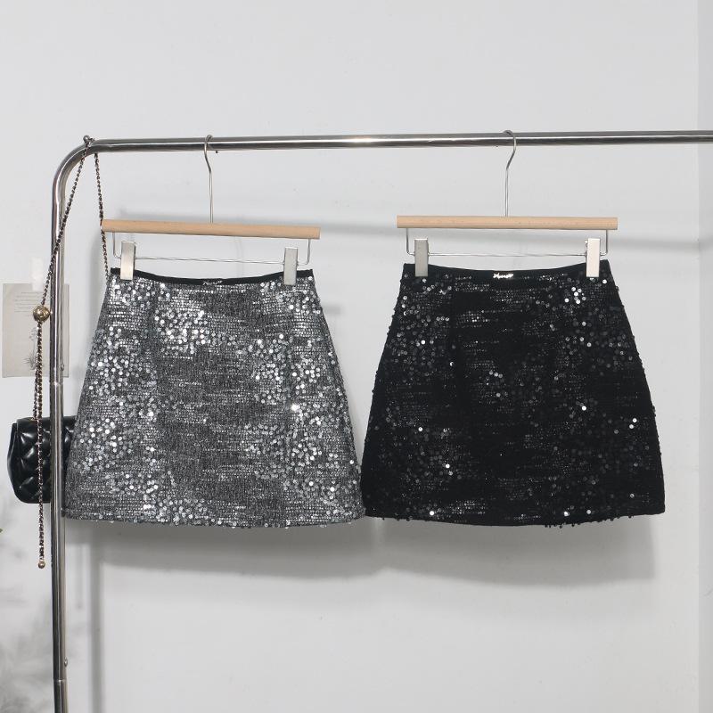 Heavy Industry Silver Sequined Skirt Female Small 2025 Sparkling Streamer A-line Bag Hip Skirt Zipper Uchimura Female Skirt