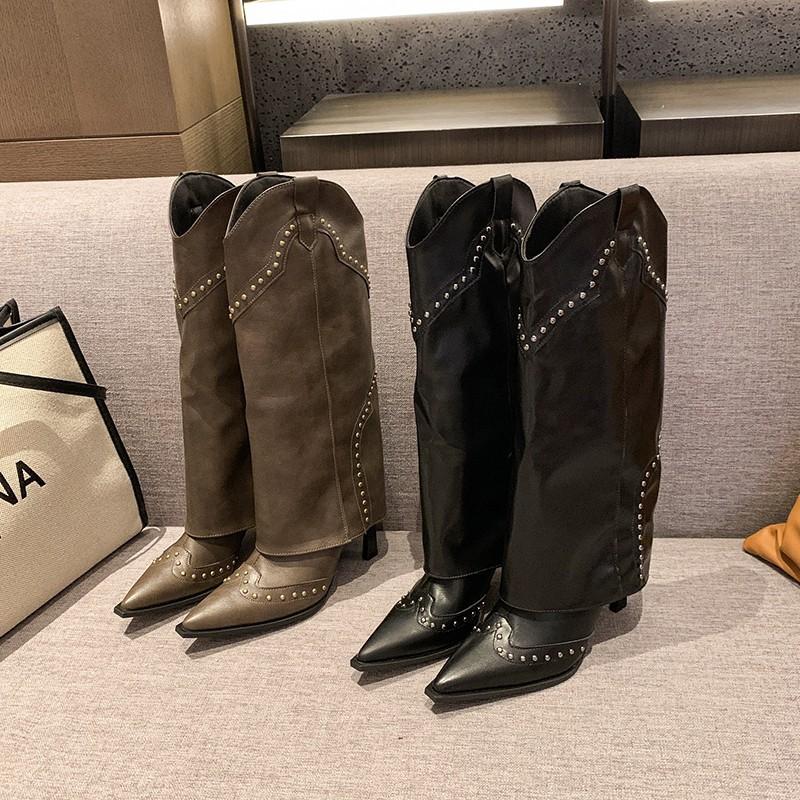 Vintage Soft Leather Roman Style Pointed Rivet Pants Boots Versatile Western Cowboy Boots Slim Heel Side Zipper Boots Women