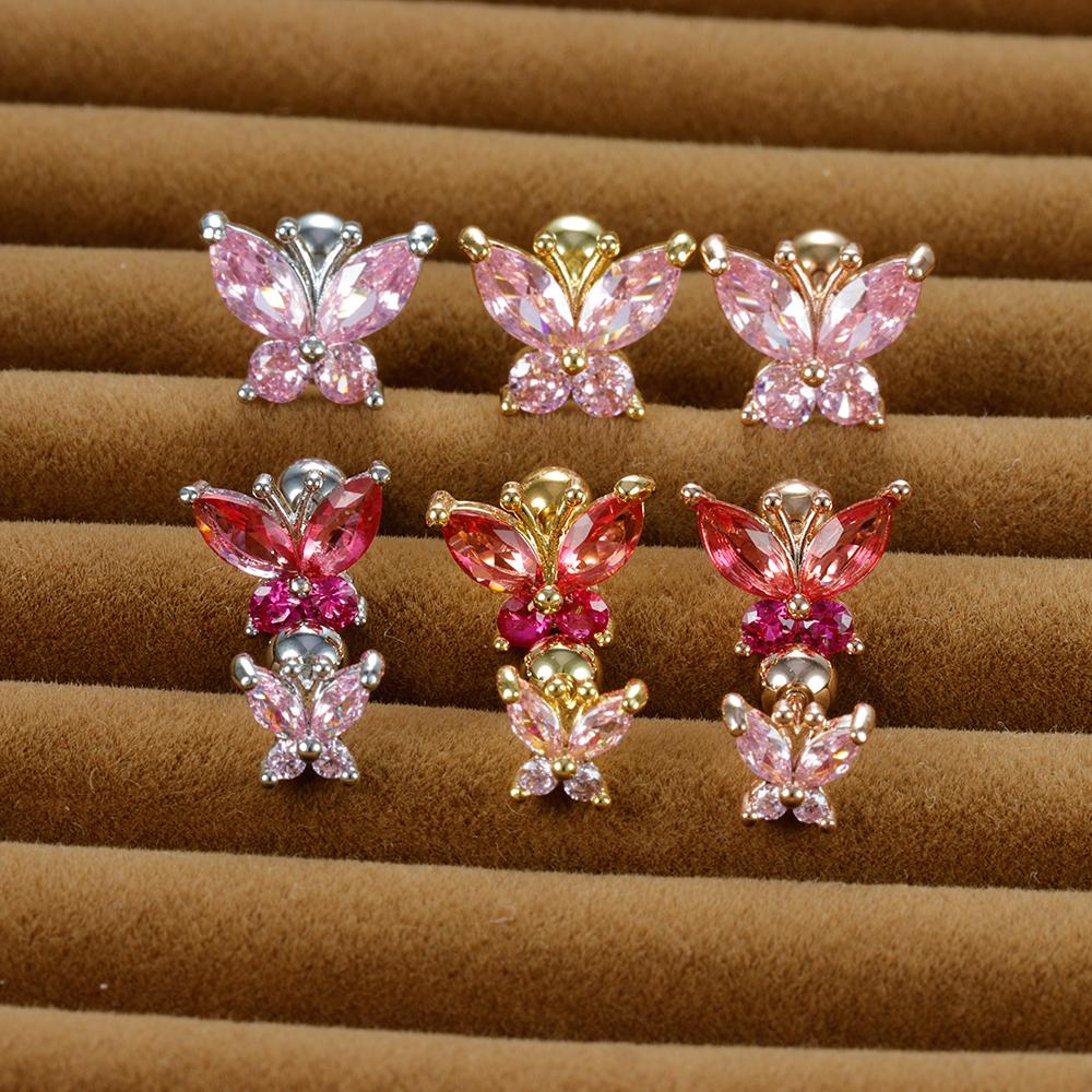 1PC Stainless Steel Tragus Helix Butterfly Piercing Earrings for Women Trendy Cute Pink Zircon Stud Earring Piercing Jewelry