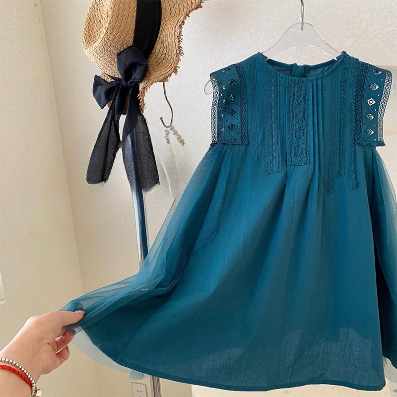 Letní dívčí tyrkysové síťované šití velká sukně bez rukávů krajkové princeznovské šaty