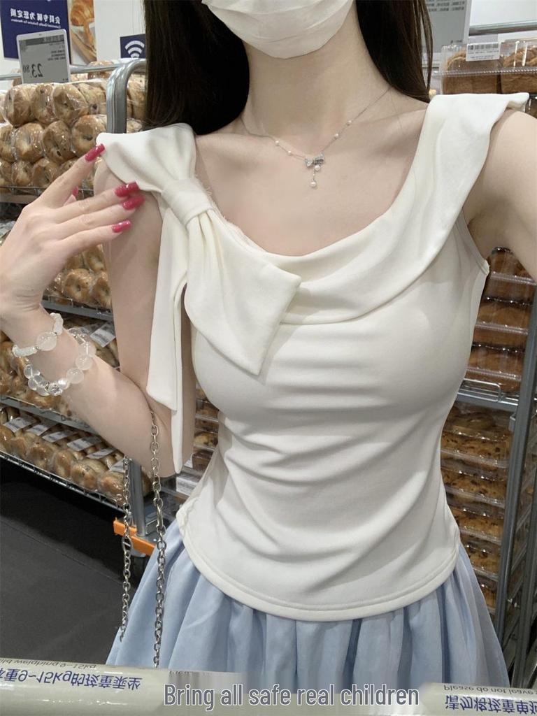 Korean Style Women's Ruffle Off-Shoulder Bow Cotton Top