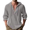 Men's Lightweight Linen Hooded Henley Shirt Casual Long Sleeve Button-Up Drawstring Solid Color