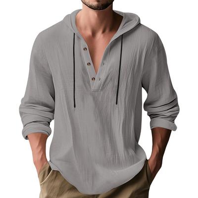 Pánská lehká lněná mikina Henley s kapucí, ležérní, s dlouhým rukávem, na knoflíky, se stahovací šňůrkou, jednobarevná